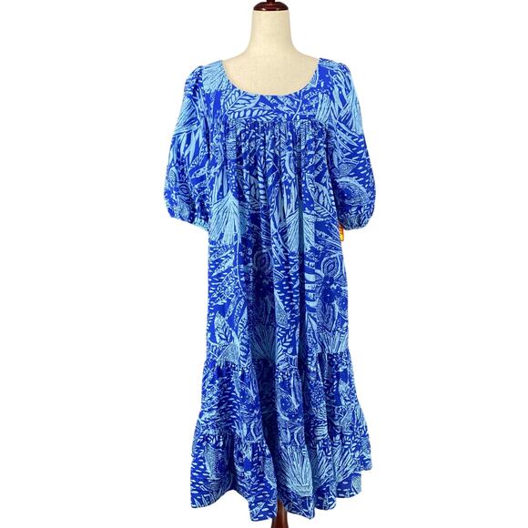 Vtg 80s 90s Two Potato Laguna Beach Midi Tiered Muumuu Dress M Cotton Blue NOS - Picture 1 of 16